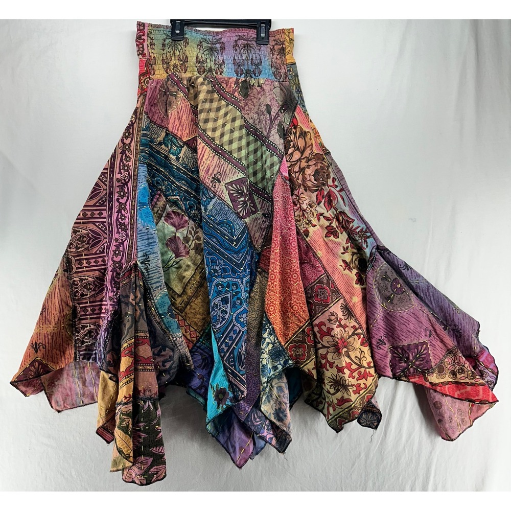 Earthbound Trading Co Womens Small Patchwork Boho Handkerchief Hem Skirt Cotton - Picture 2 of 7